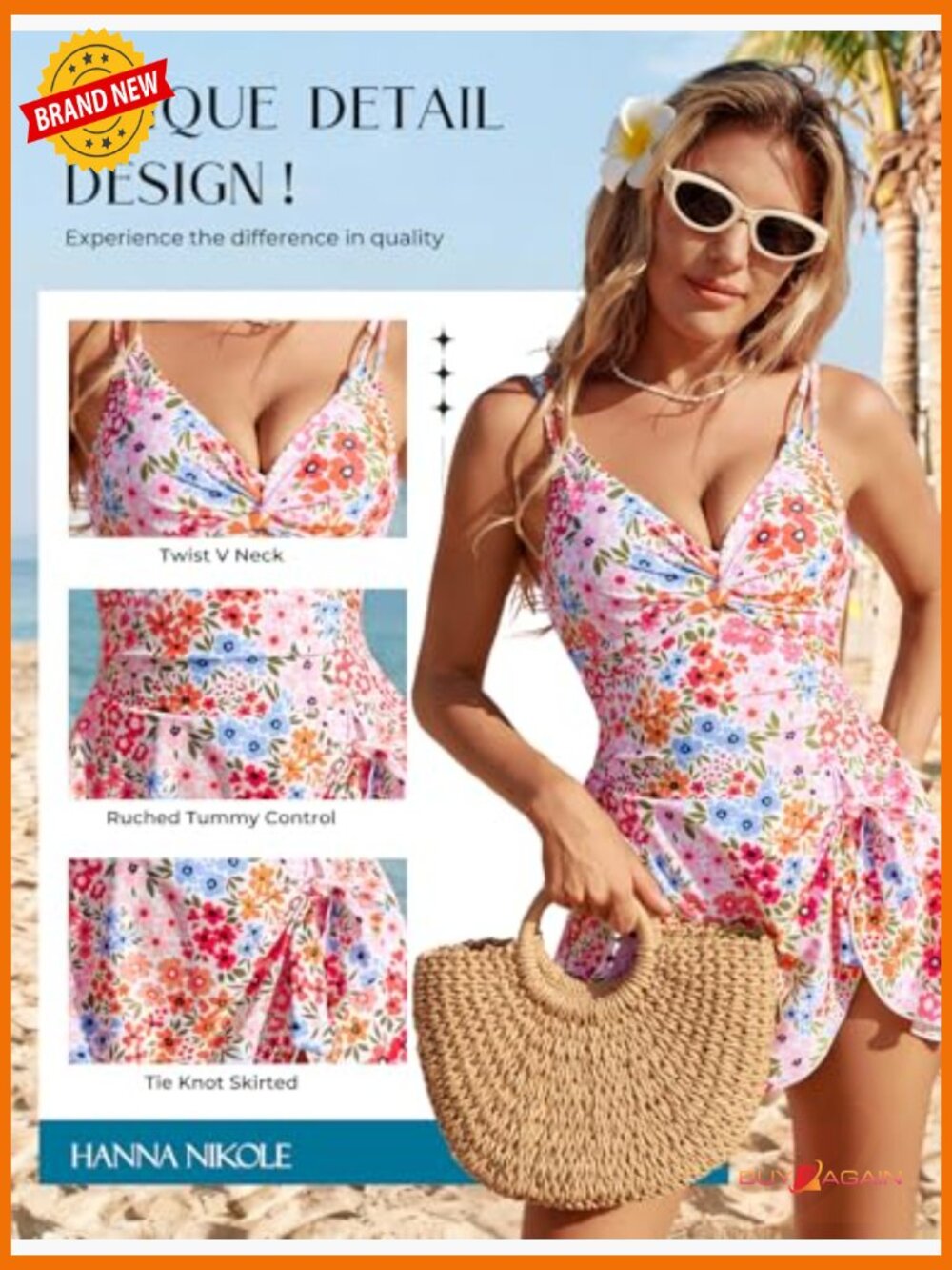 Tummy Control One Piece Swimsuit with Push Up Twist Front and Skirt - Picture 2 of 7